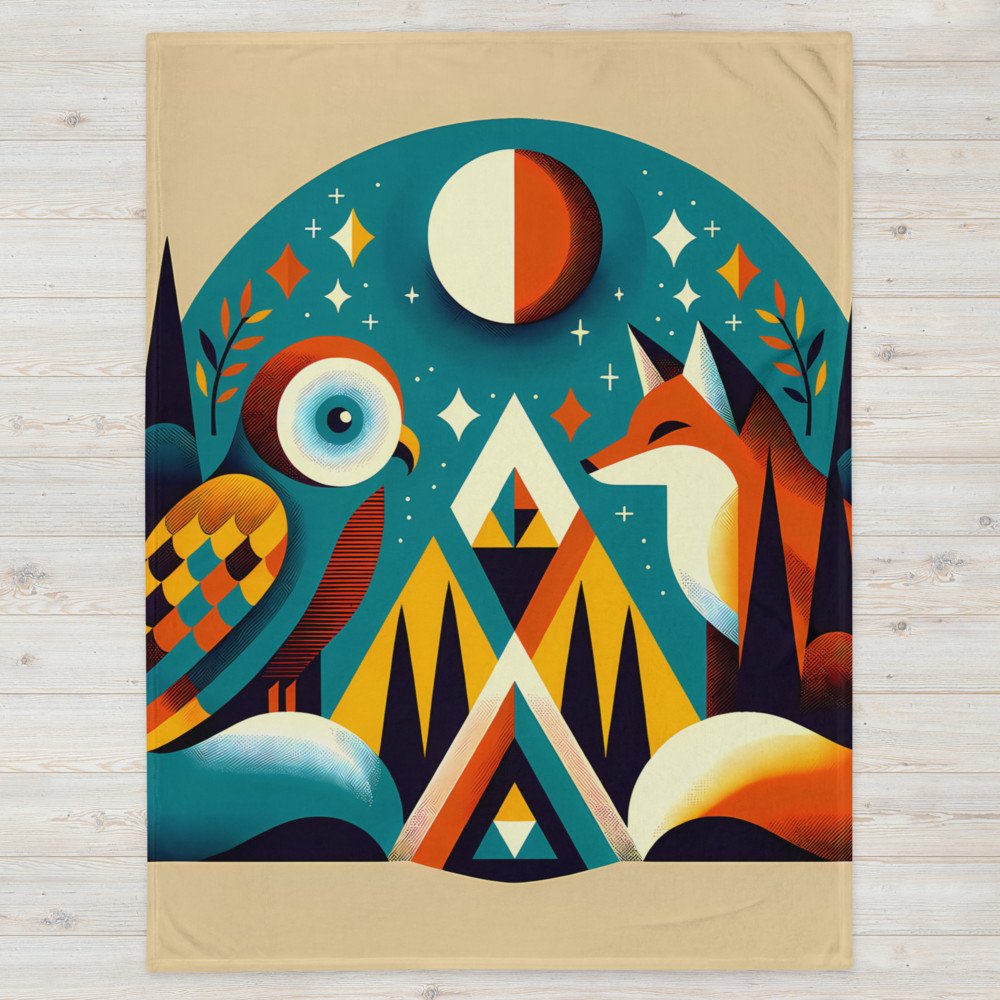 Geometric Owl and Fox Under a Moonlit Sky