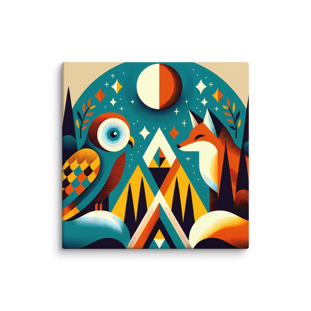 Geometric Owl and Fox Under a Moonlit Sky