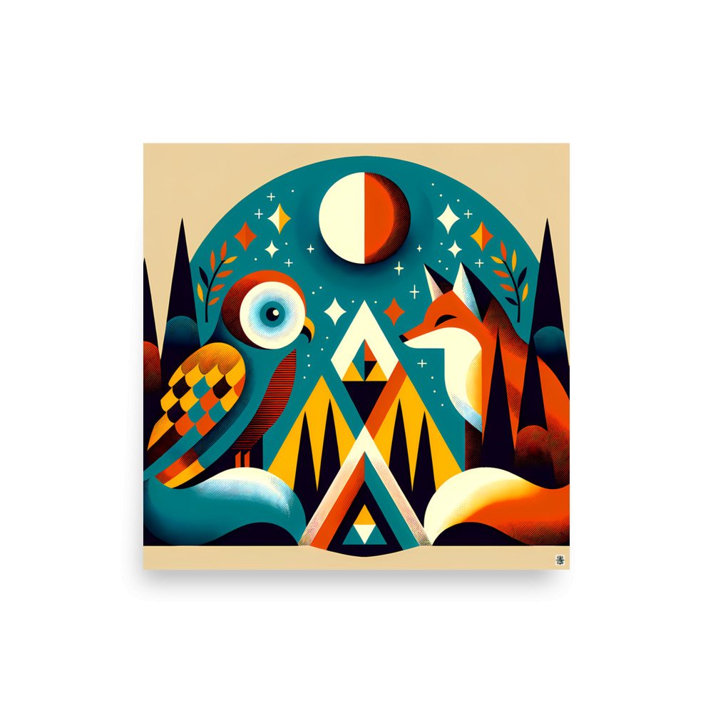 Geometric Owl and Fox Under a Moonlit Sky