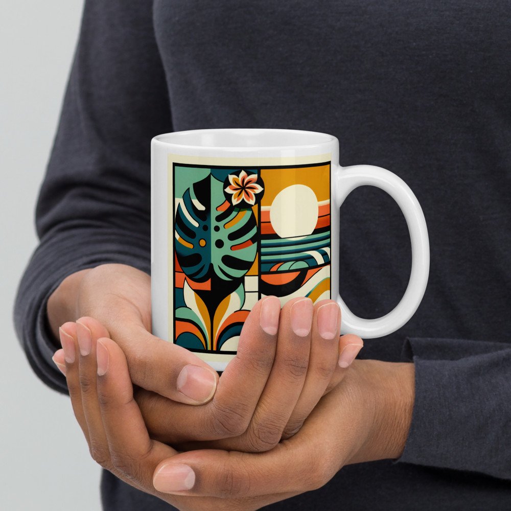 Abstract Monstera Leaf and Sun Geometric Waves — Mug