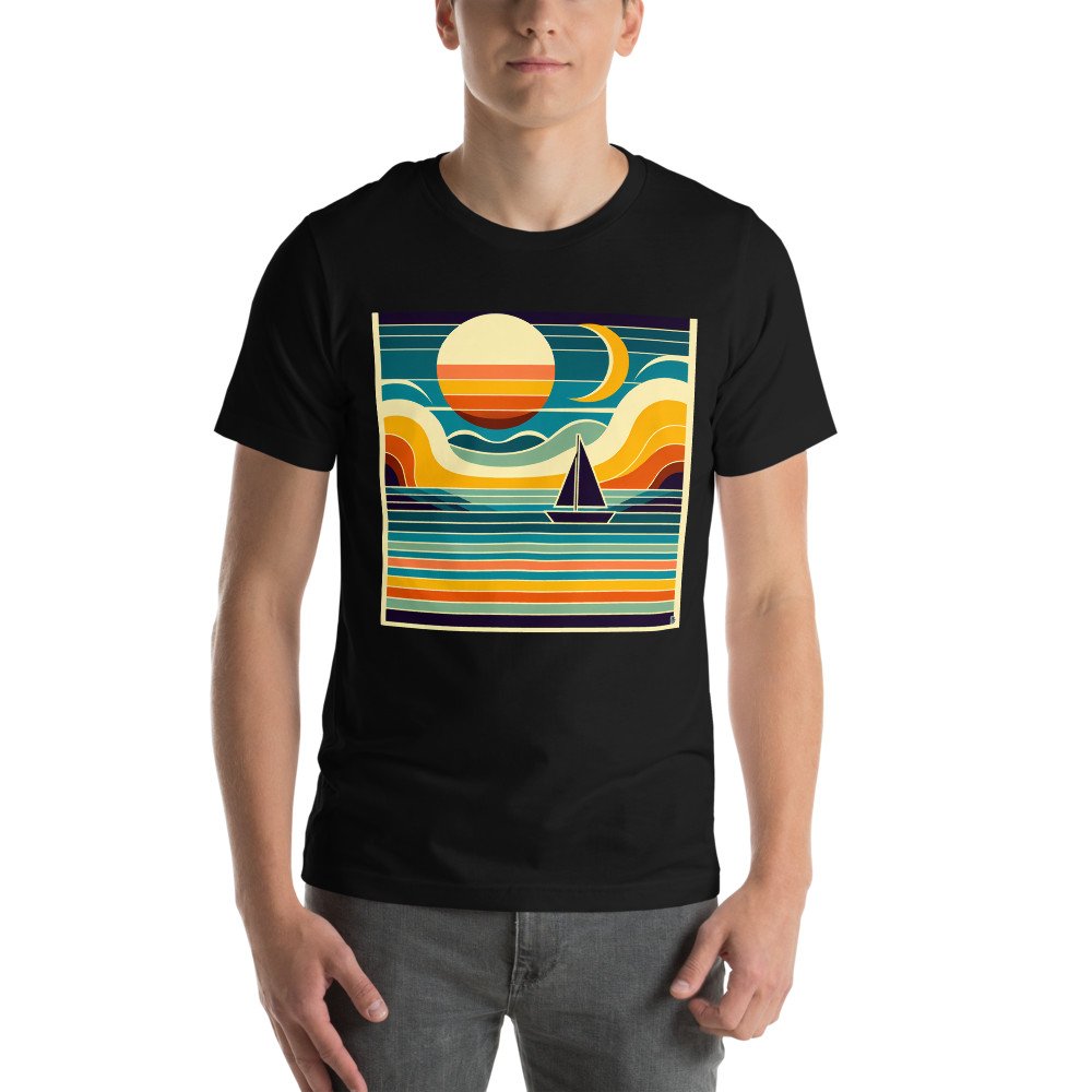 Minimal Sailboat Sunset with Moon and Waves
