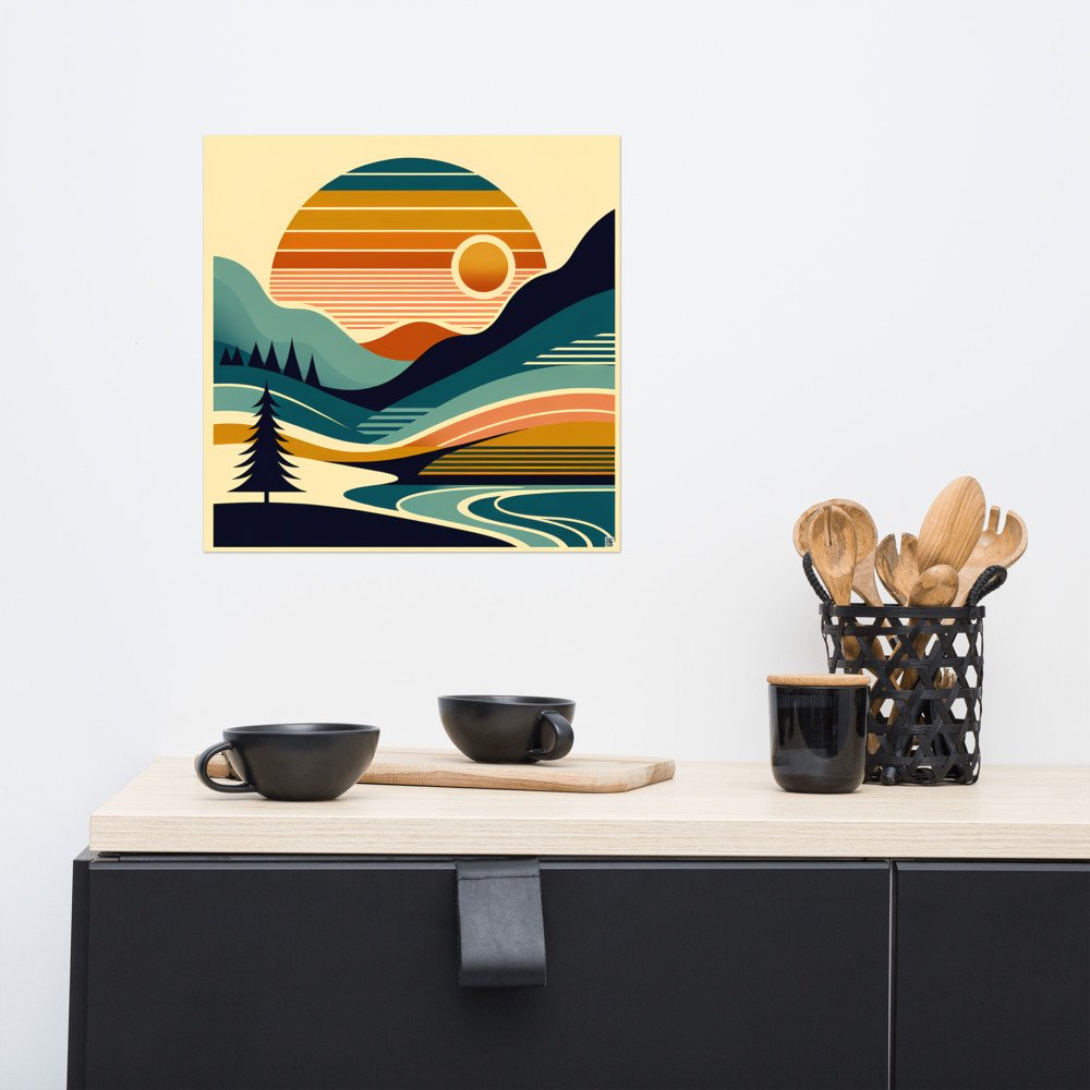 Geometric Sun Over Layered Mountains