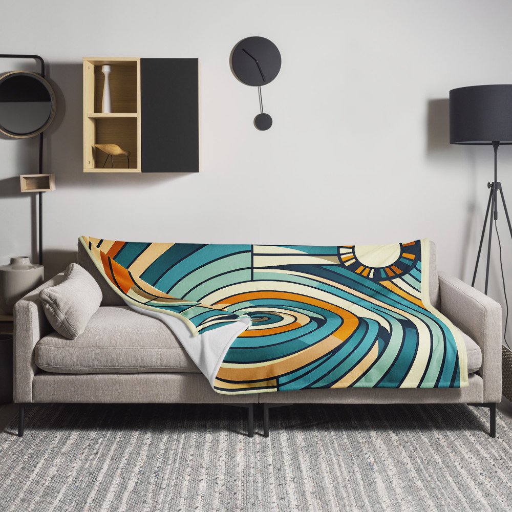 Geometric Ocean Swirl with Sun and Clouds