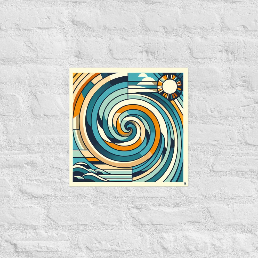 Geometric Ocean Swirl with Sun and Clouds