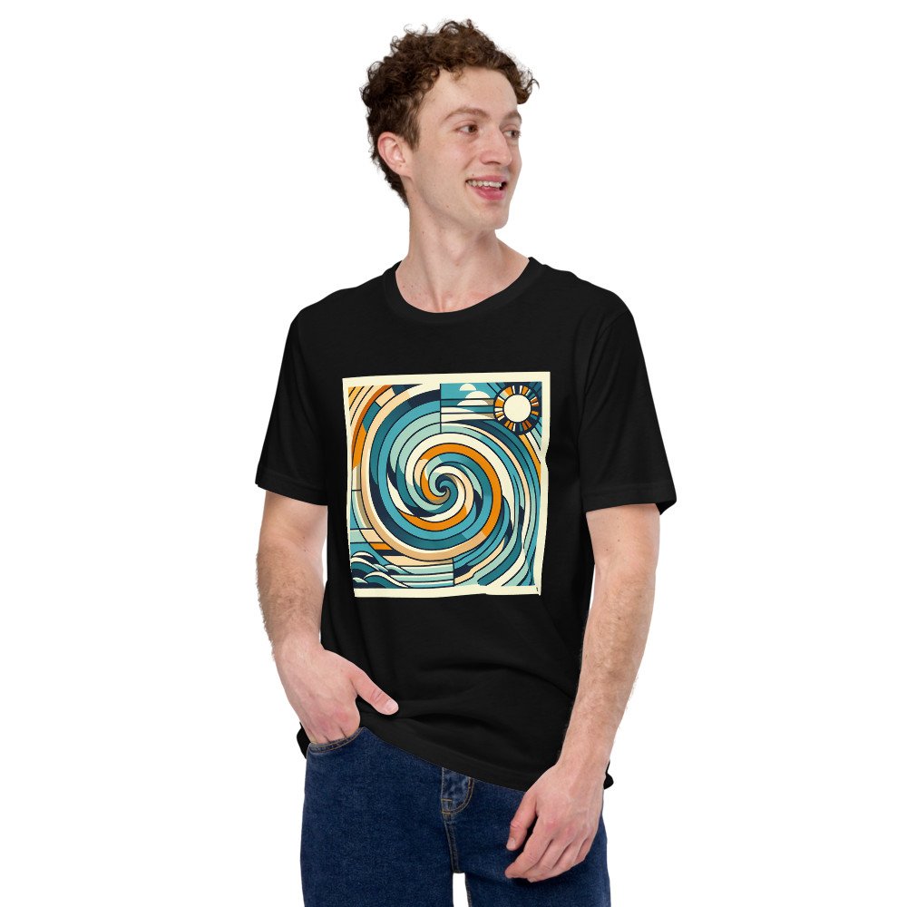 Geometric Ocean Swirl with Sun and Clouds