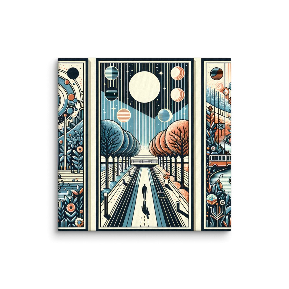 Retro Cosmic Landscape Triptych in Teal and Orange