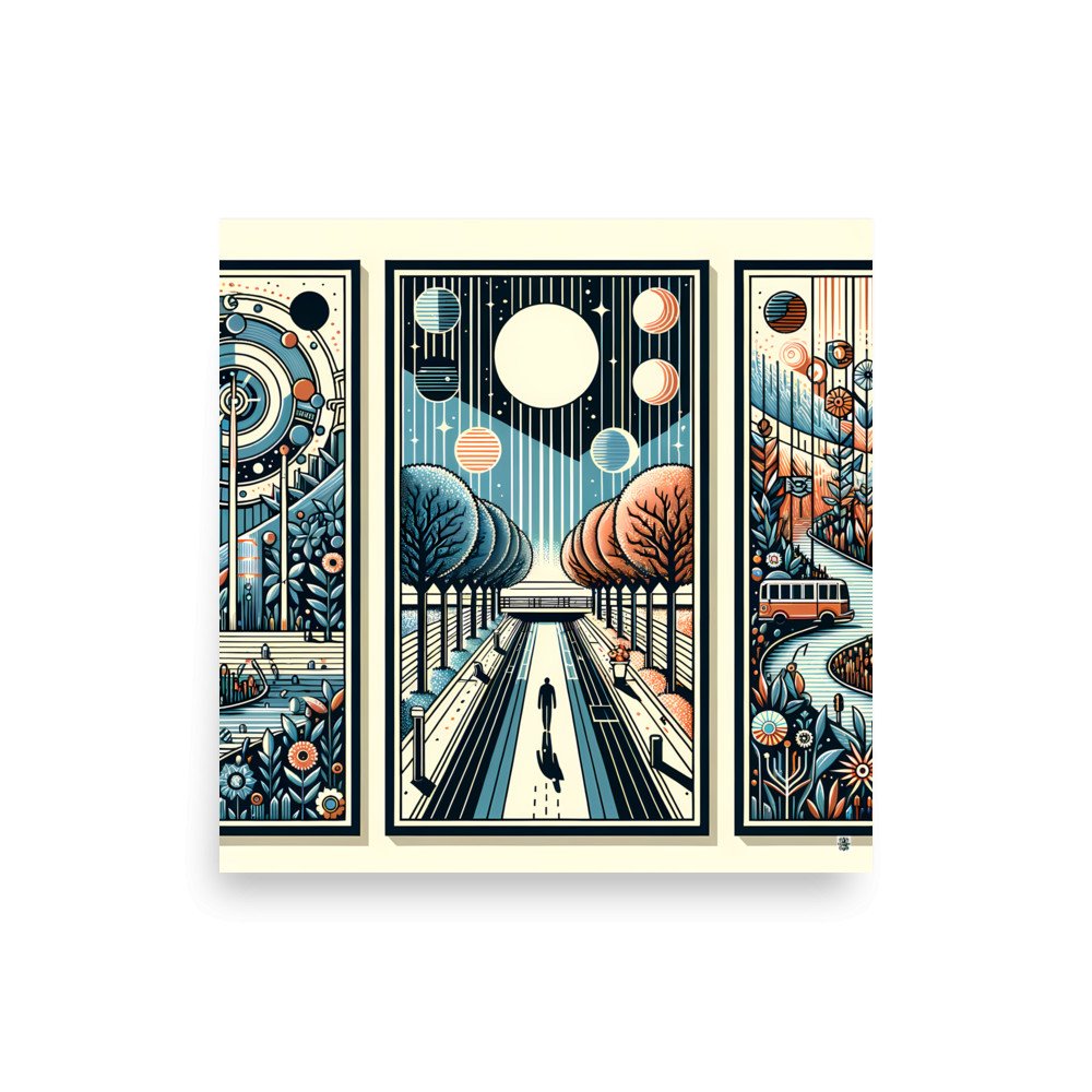Retro Cosmic Landscape Triptych in Teal and Orange
