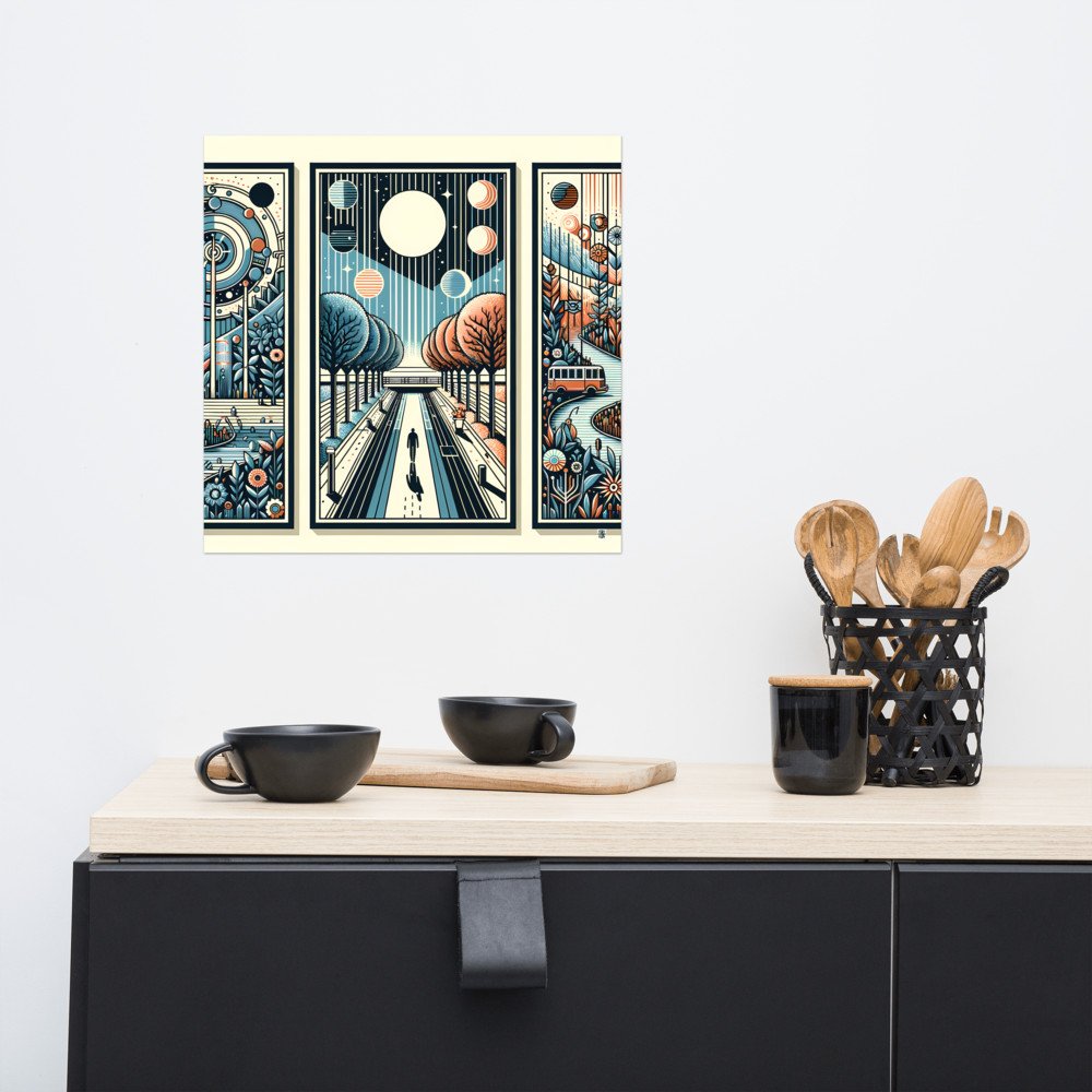Retro Cosmic Landscape Triptych in Teal and Orange