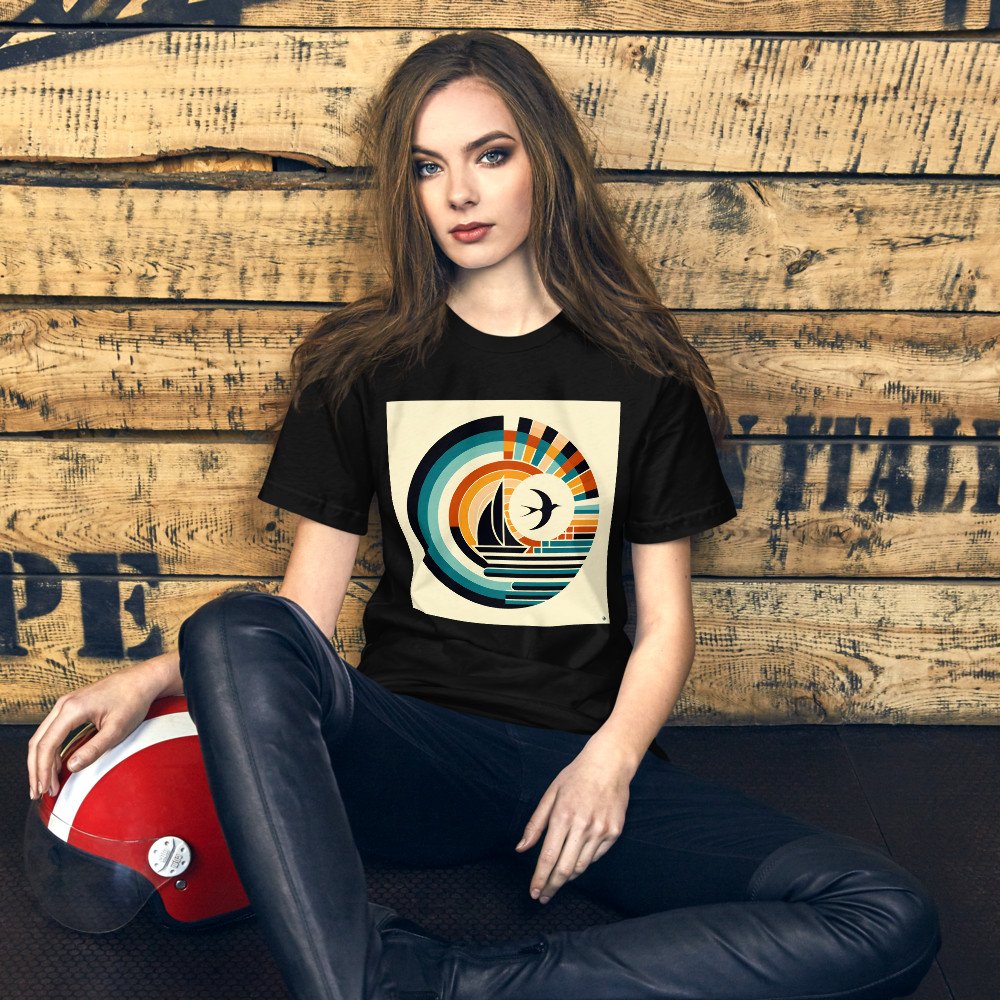 Geometric Sailboat and Swallow Sunset Emblem