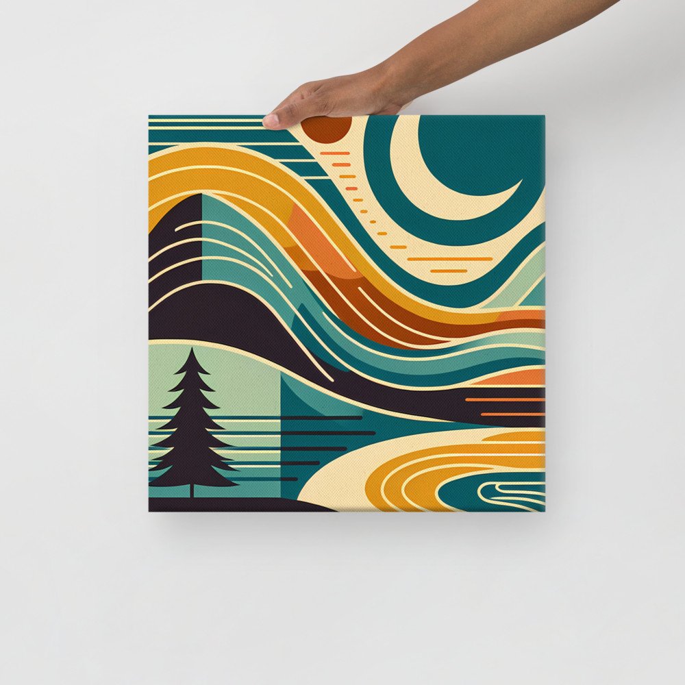 Retro Topographic Landscape with Moon and Pines