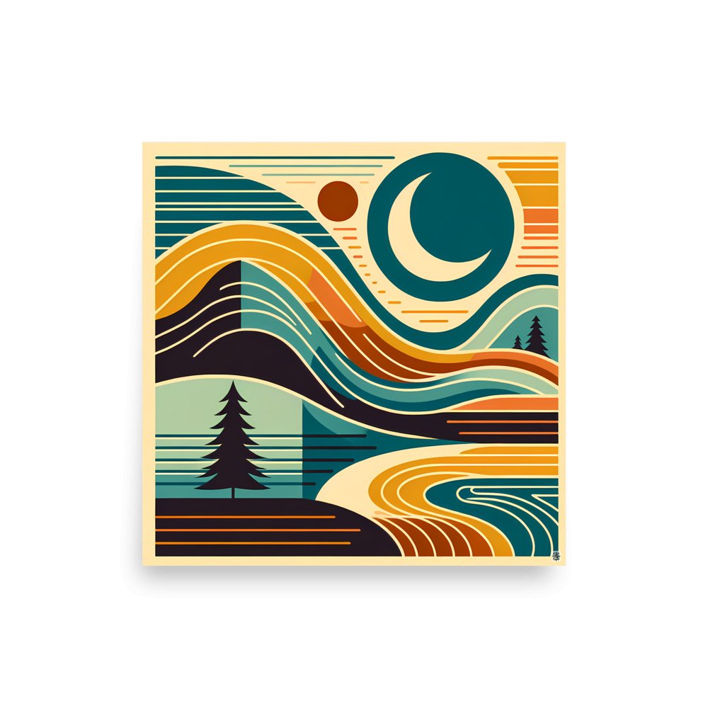 Retro Topographic Landscape with Moon and Pines