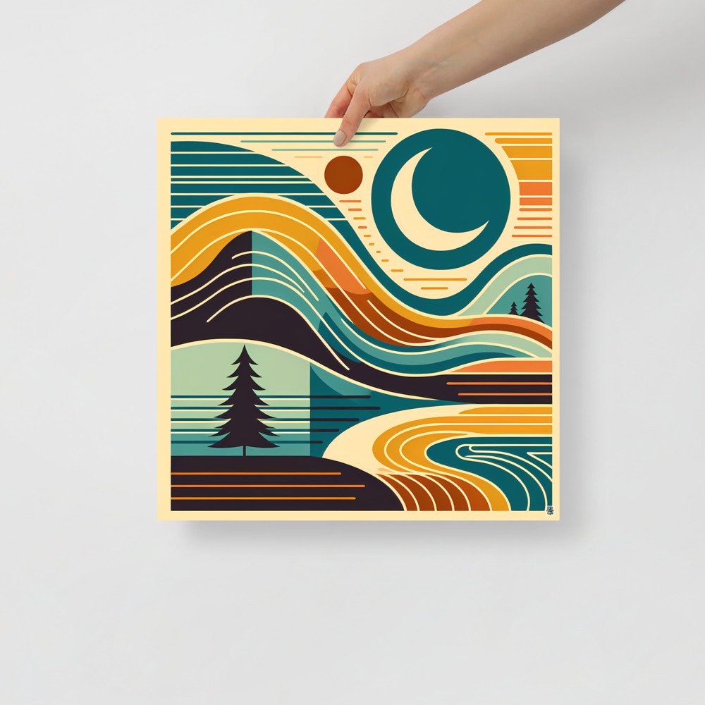 Retro Topographic Landscape with Moon and Pines