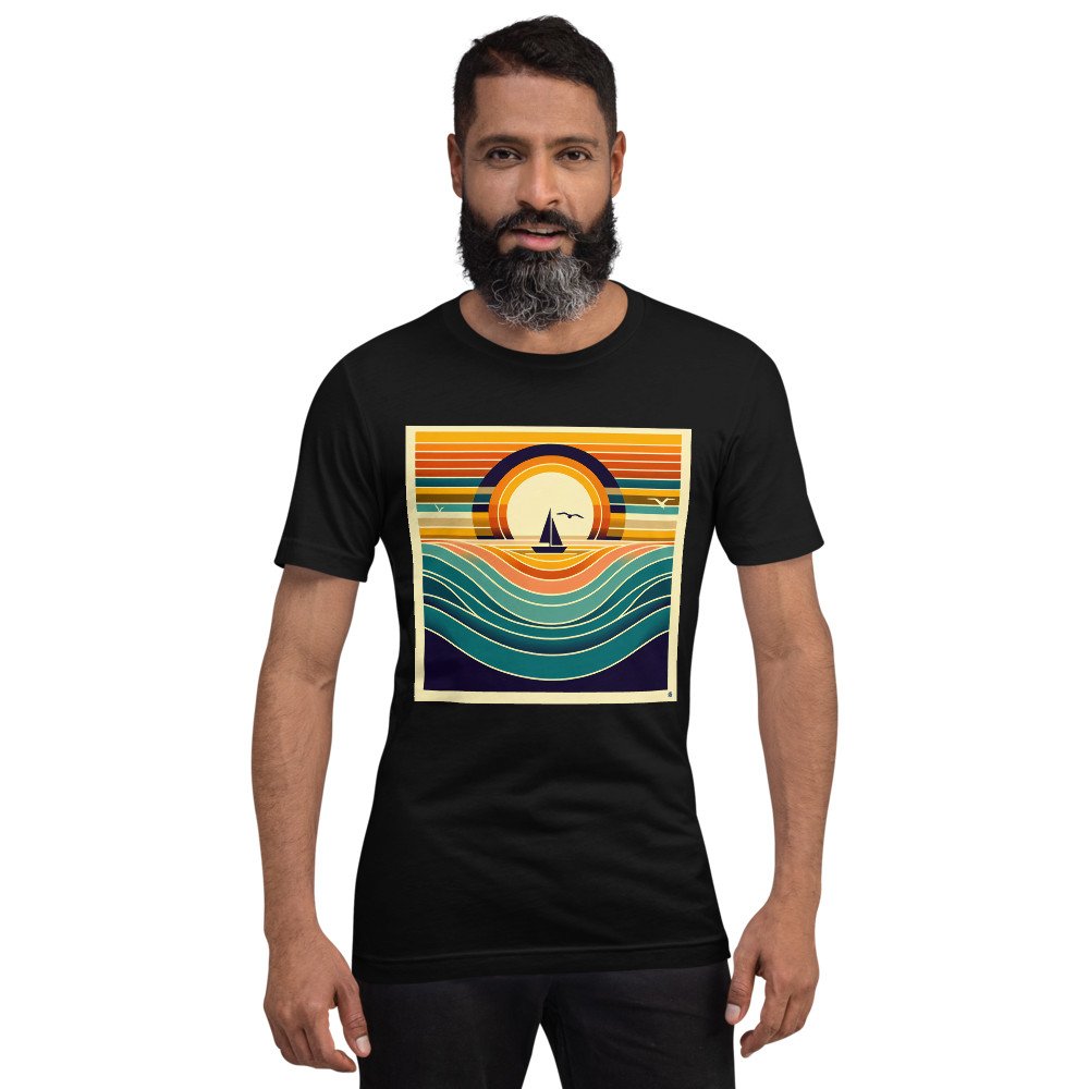 Geometric Sunset Sailboat Over Colour-Block Waves