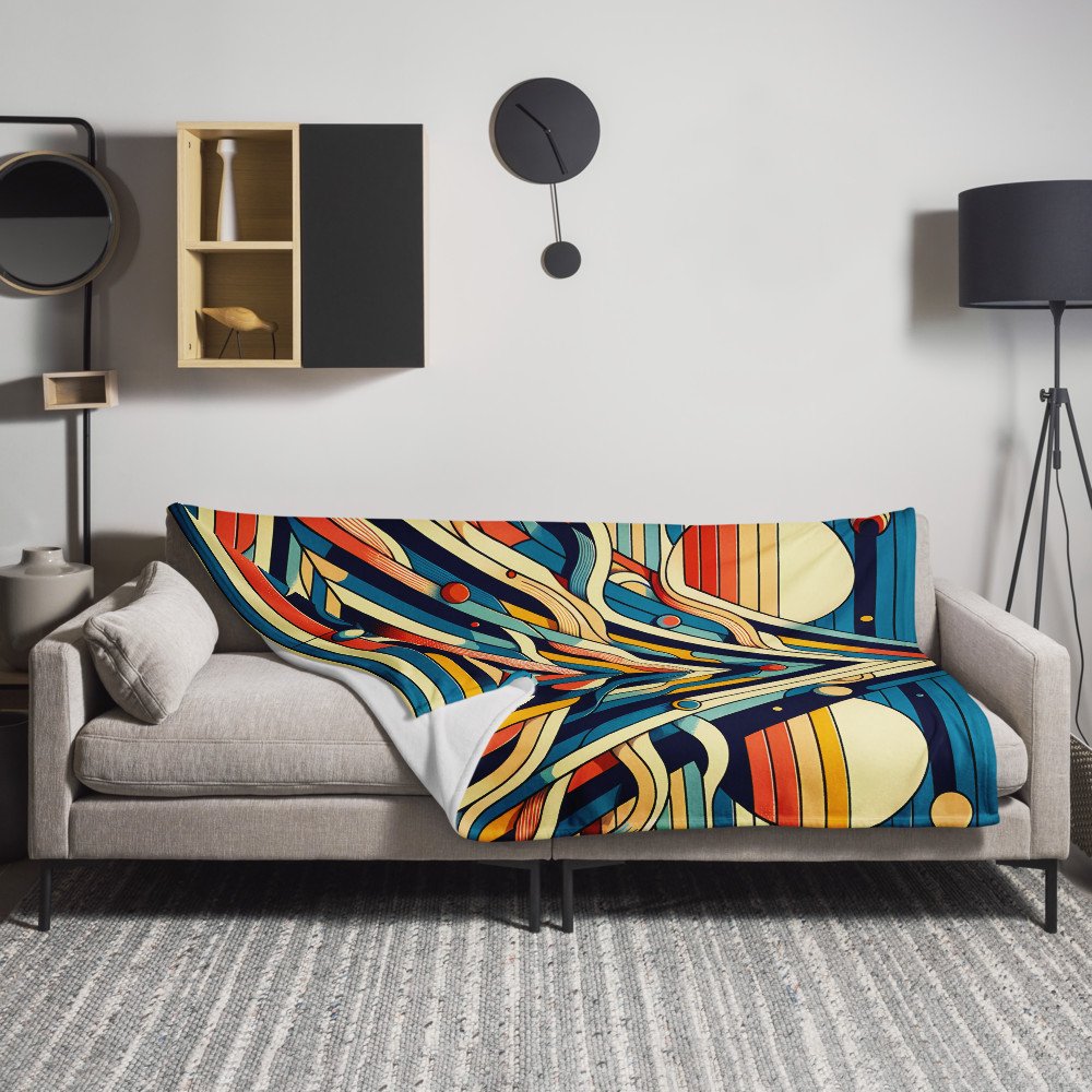 Retro Geometric Mountain Art with Sun and Waves