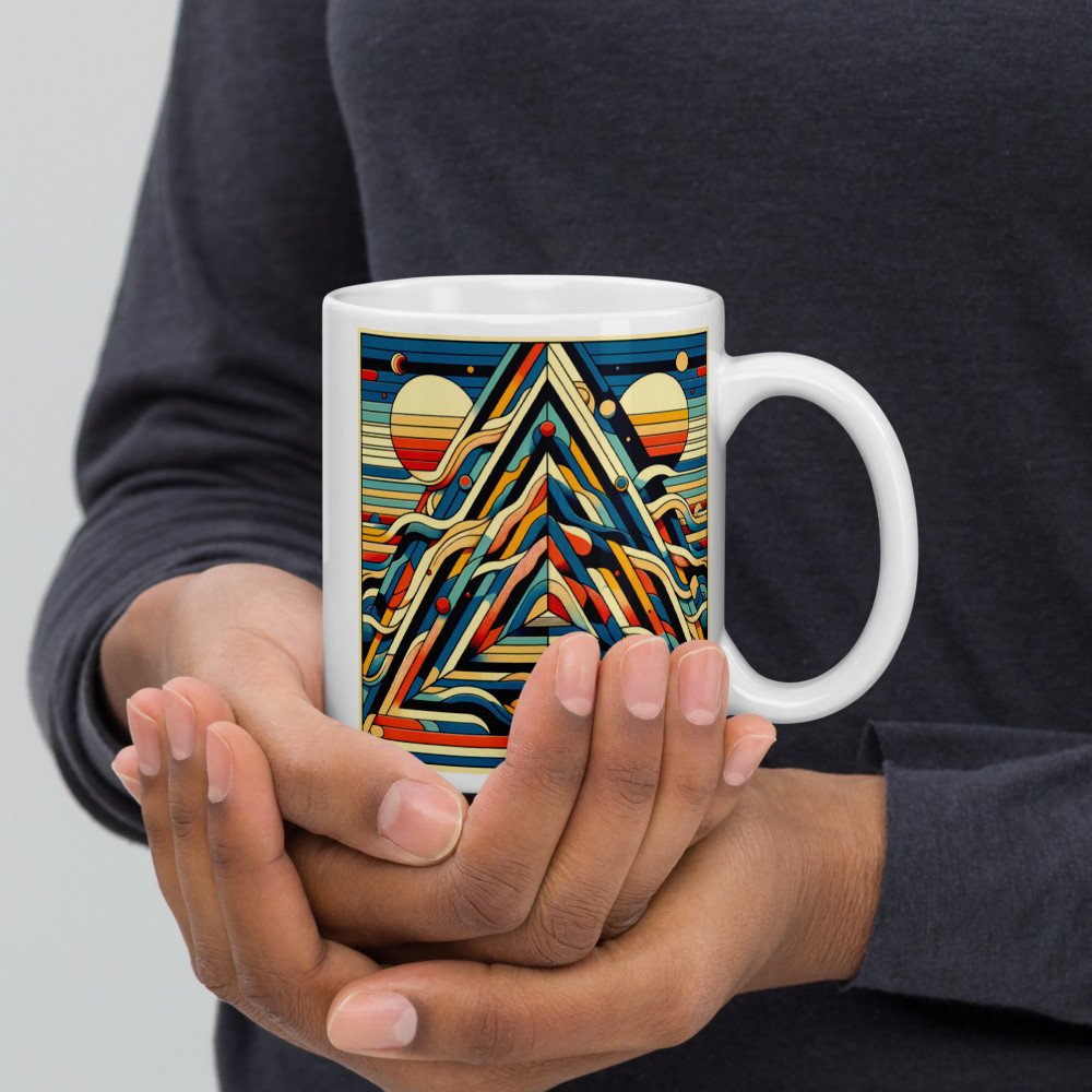 Retro Geometric Mountain Art with Sun and Waves