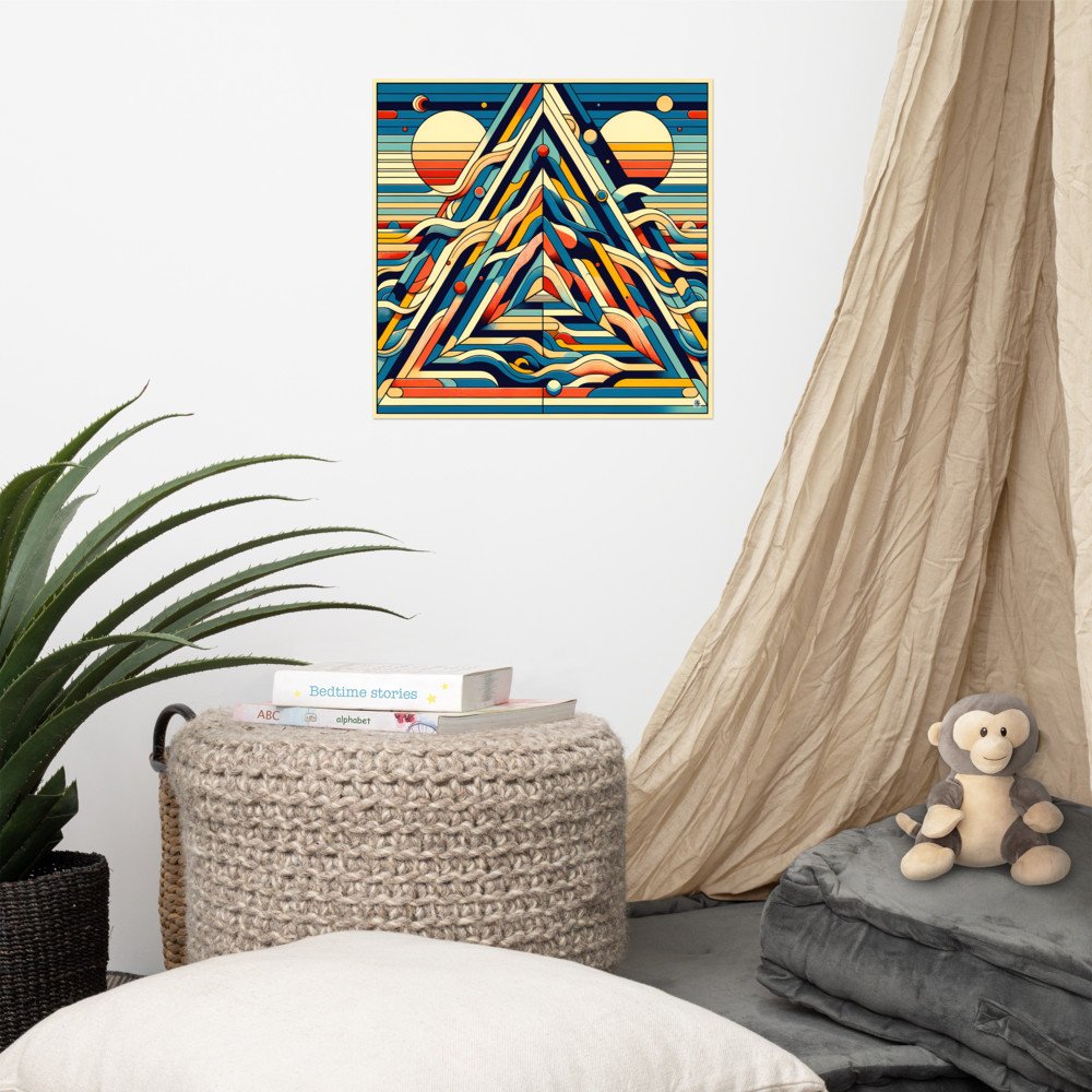 Retro Geometric Mountain Art with Sun and Waves