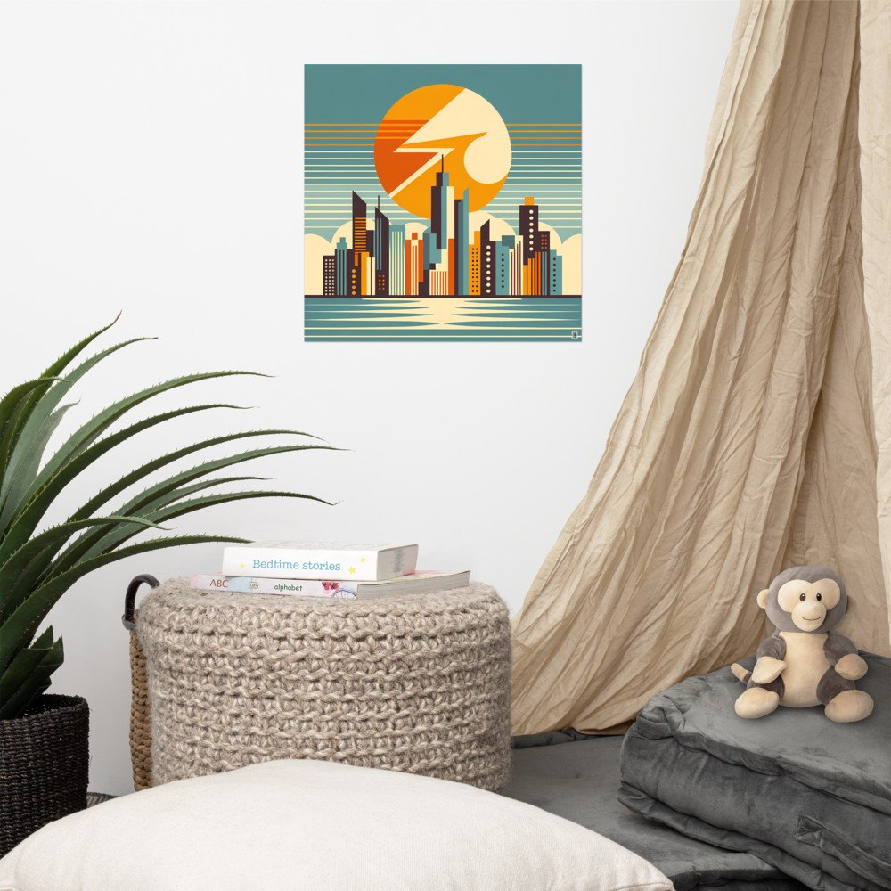 Retro Geometric City Skyline Sunset