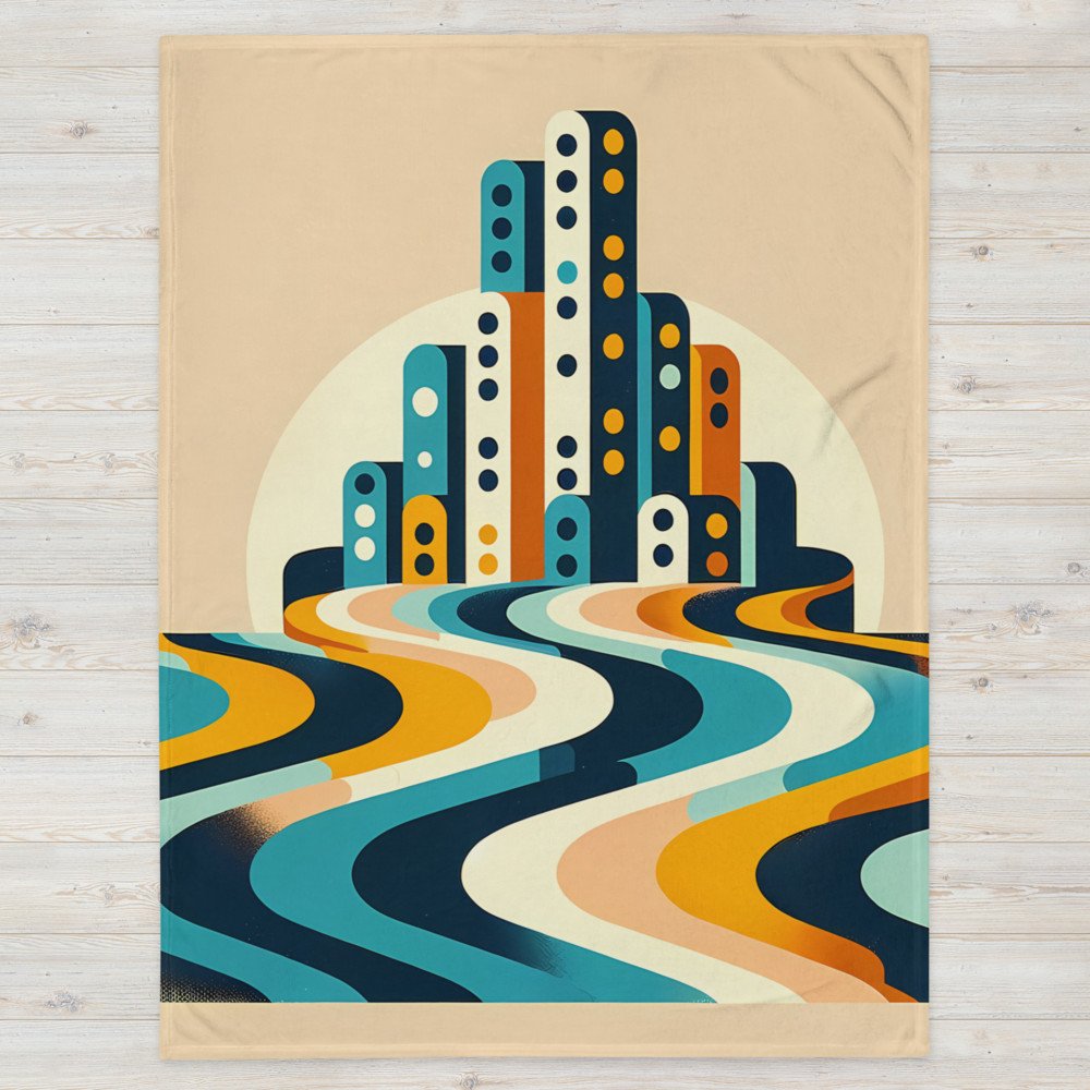 Retro Geometric Cityscape with Wavy Stripes