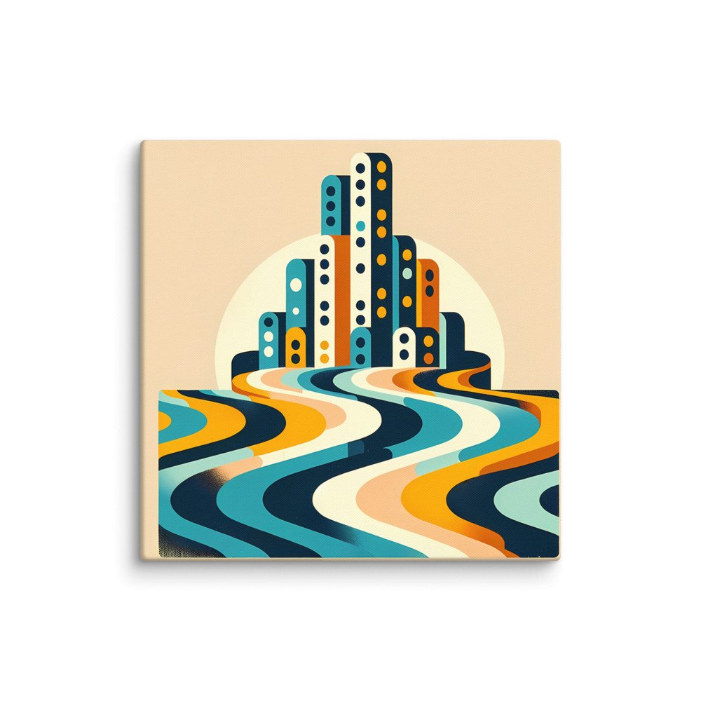 Retro Geometric Cityscape with Wavy Stripes