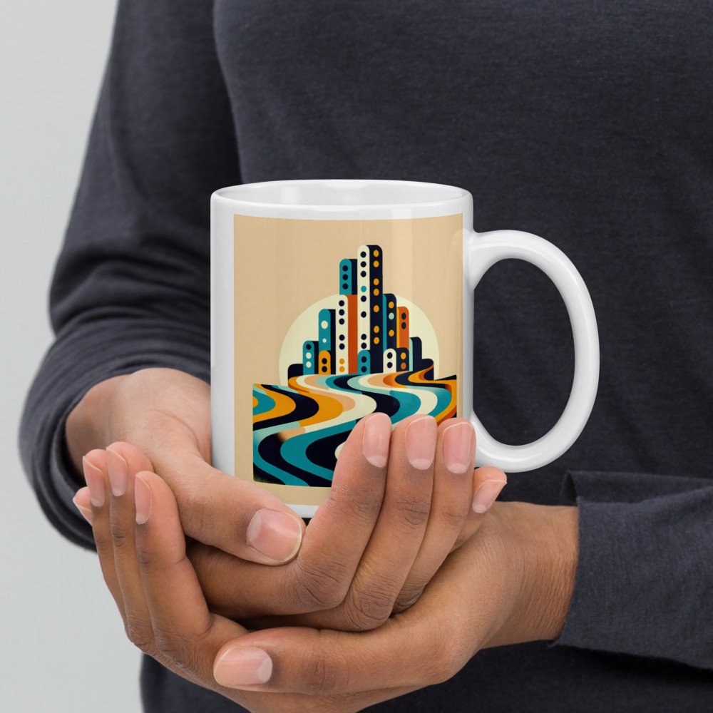Retro Geometric Cityscape with Wavy Stripes