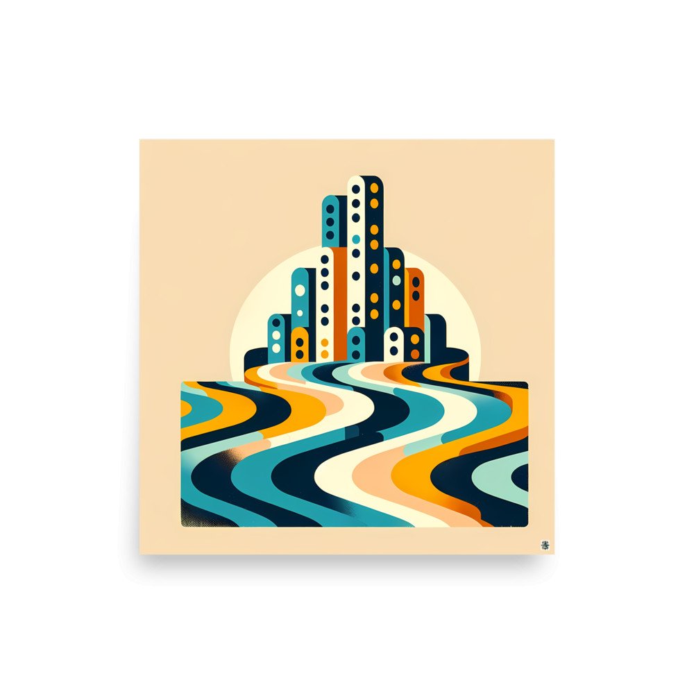 Retro Geometric Cityscape with Wavy Stripes