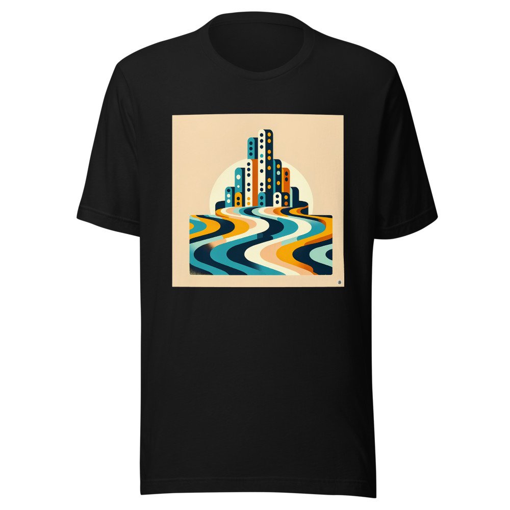 Retro Geometric Cityscape with Wavy Stripes