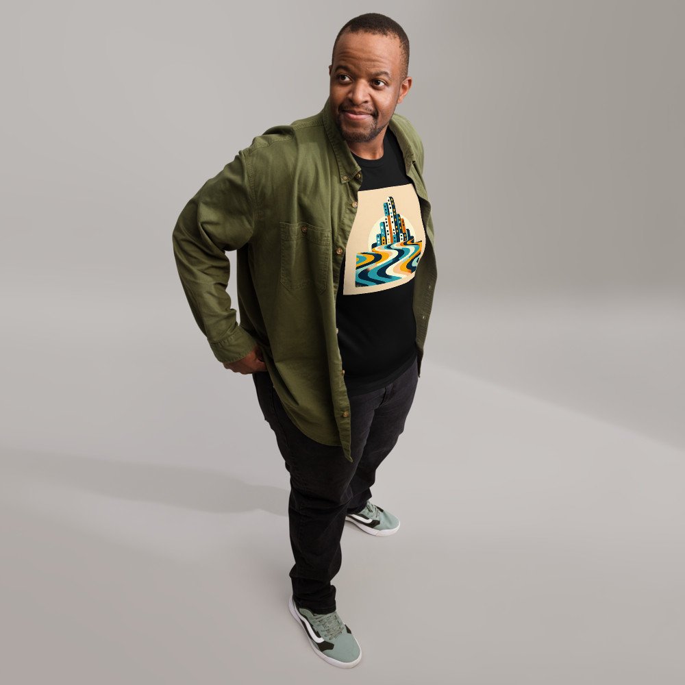 Retro Geometric Cityscape with Wavy Stripes