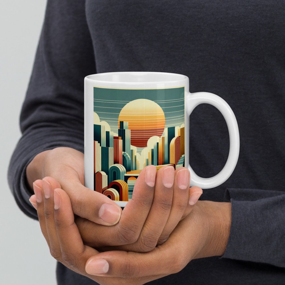 Geometric Sunset Cityscape Illustration — Mug