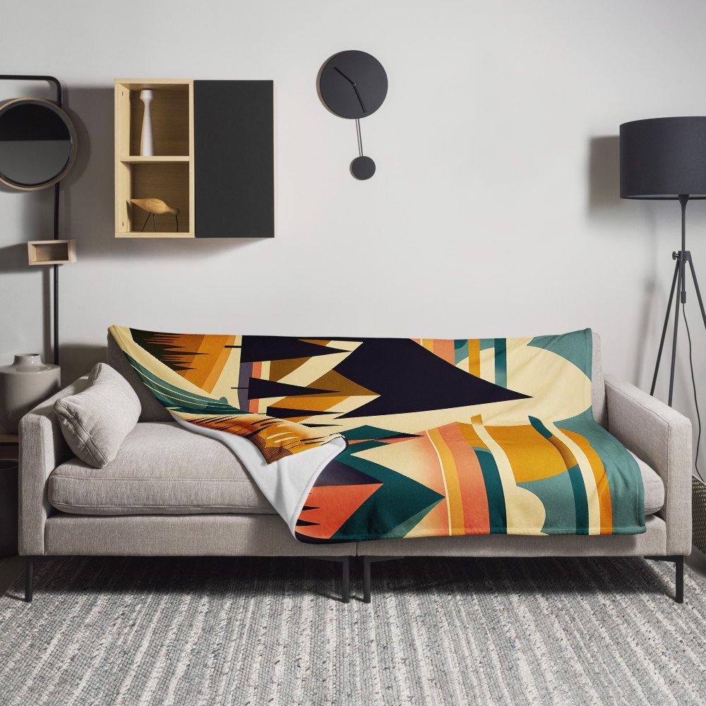 Geometric Mountain Landscape with River and Sunset