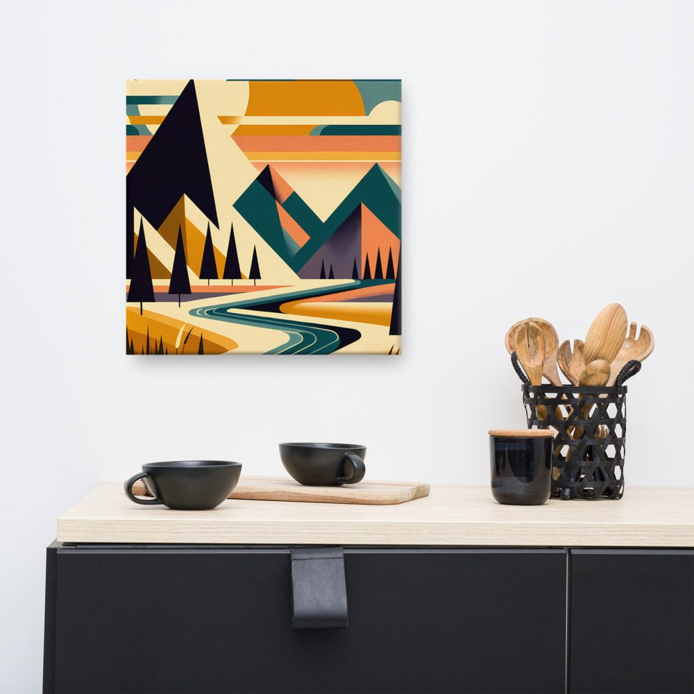 Geometric Mountain Landscape with River and Sunset