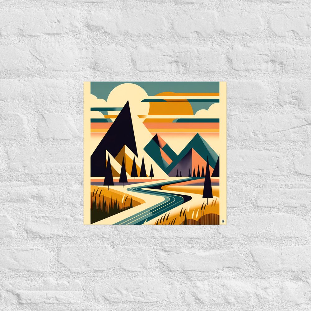 Geometric Mountain Landscape with River and Sunset