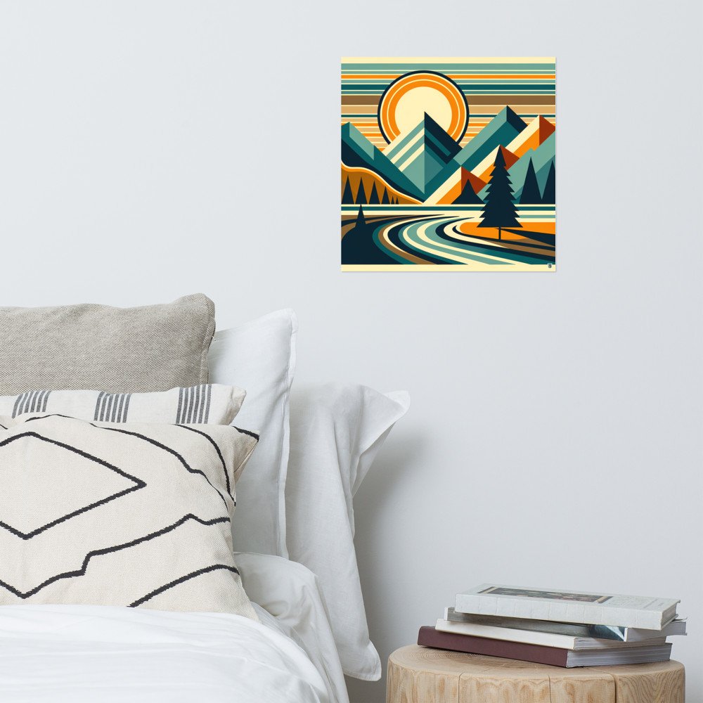 Geometric Mountain Peaks with Sun and Pine Trees