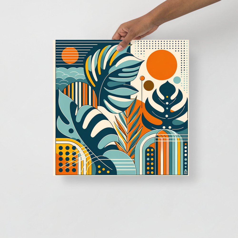 Abstract Botanical Leaves with Orange Sun