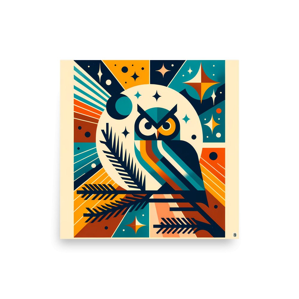 Geometric Owl Under Moon and Stars
