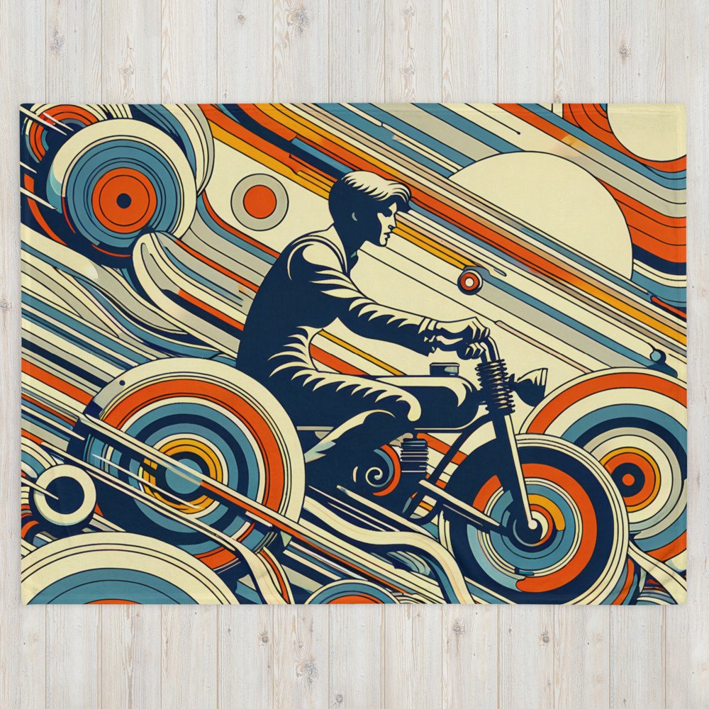 Retro Motorbike Rider with Geometric Waves in Teal