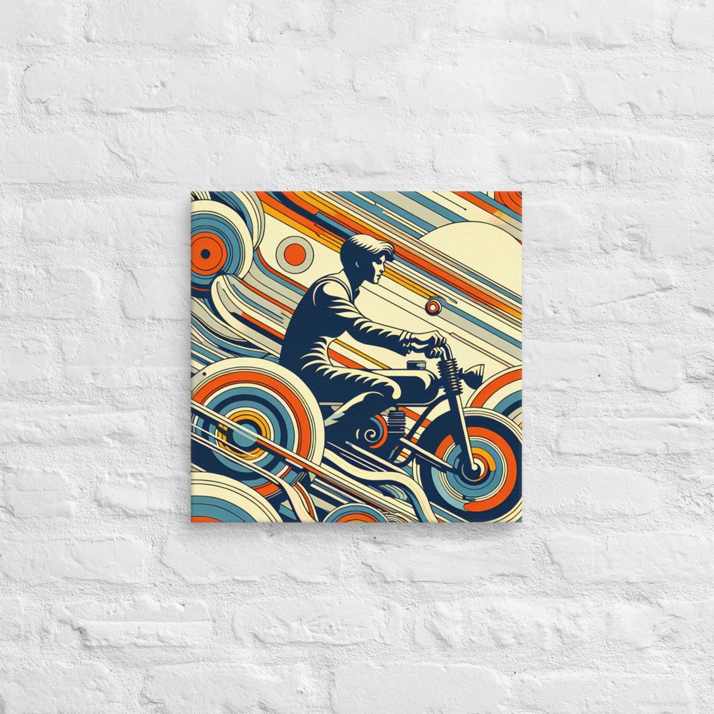 Retro Motorbike Rider with Geometric Waves in Teal — Canvas Print