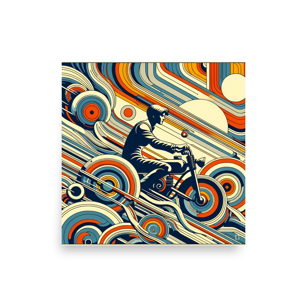 Retro Motorbike Rider with Geometric Waves in Teal