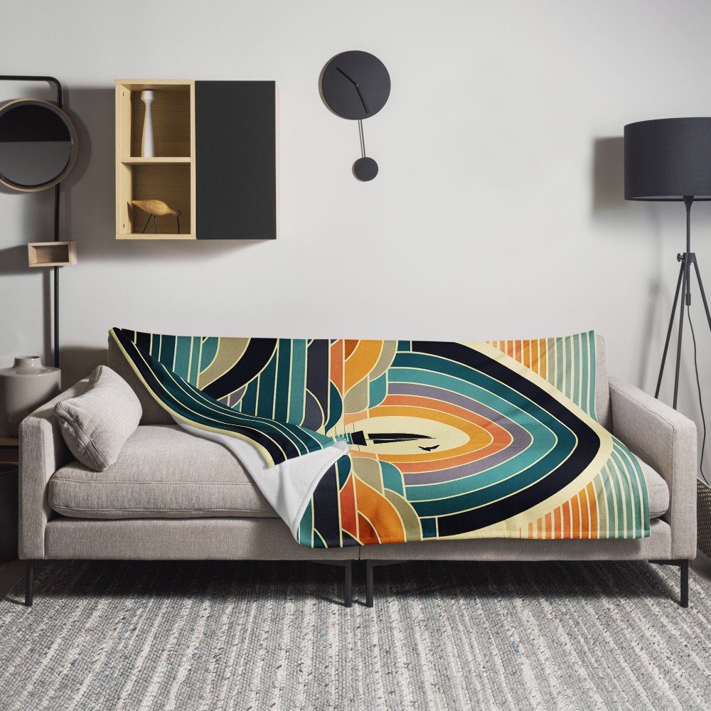 Geometric Sailboat Sunset Over Layered Waves