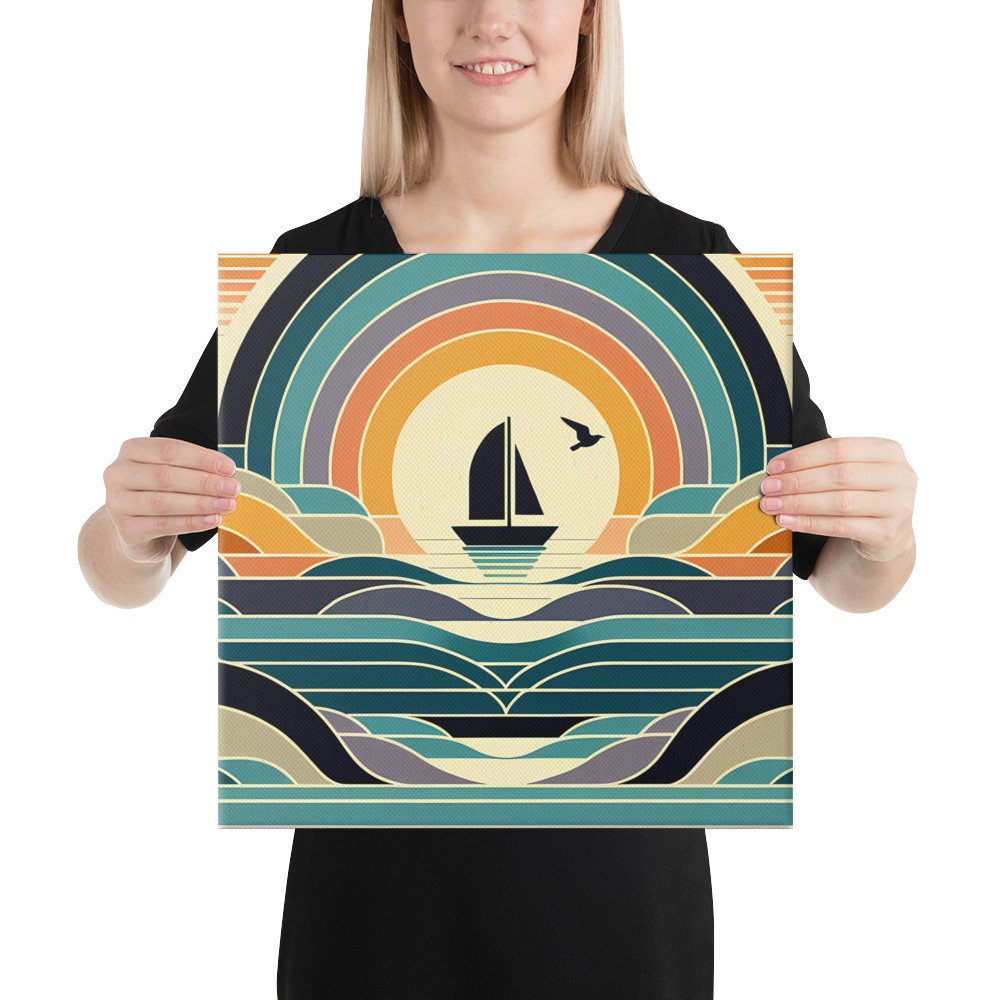 Geometric Sailboat Sunset Over Layered Waves