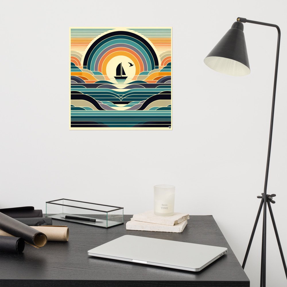 Geometric Sailboat Sunset Over Layered Waves