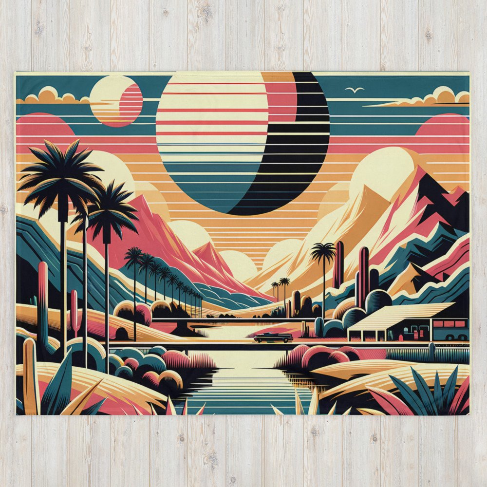 Retro Desert Mountain Landscape with Eclipse Sunset