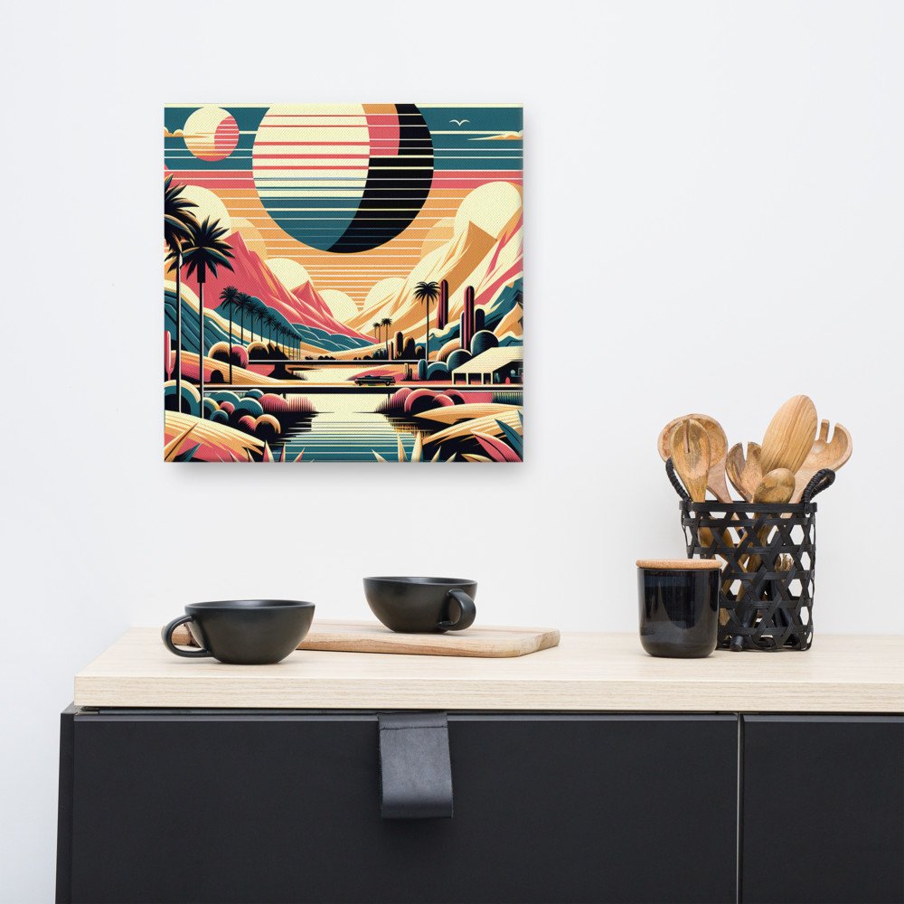 Retro Desert Mountain Landscape with Eclipse Sunset