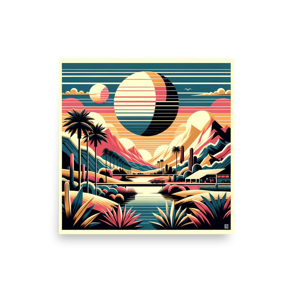 Retro Desert Mountain Landscape with Eclipse Sunset