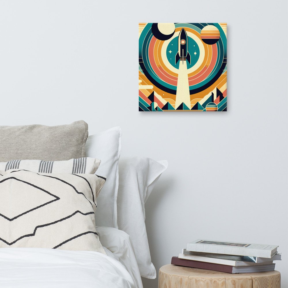 Retro Rocket Launch Geometric Space Scene — Canvas Print