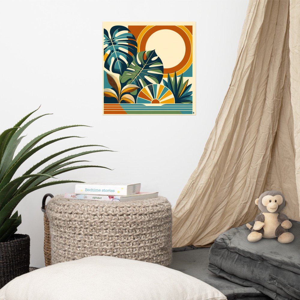 Abstract Botanical Sun and Monstera Leaves