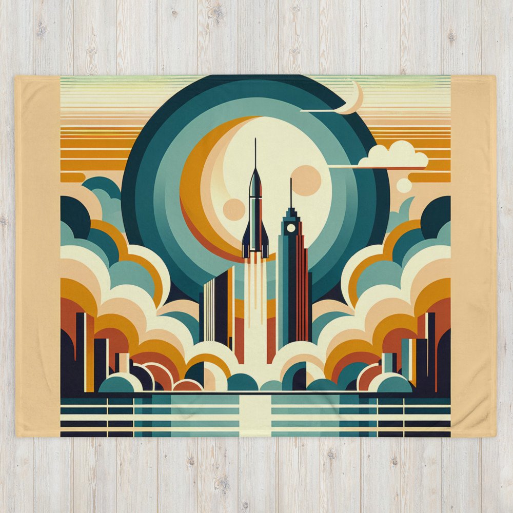 Retro Rocket Launch Over Geometric City