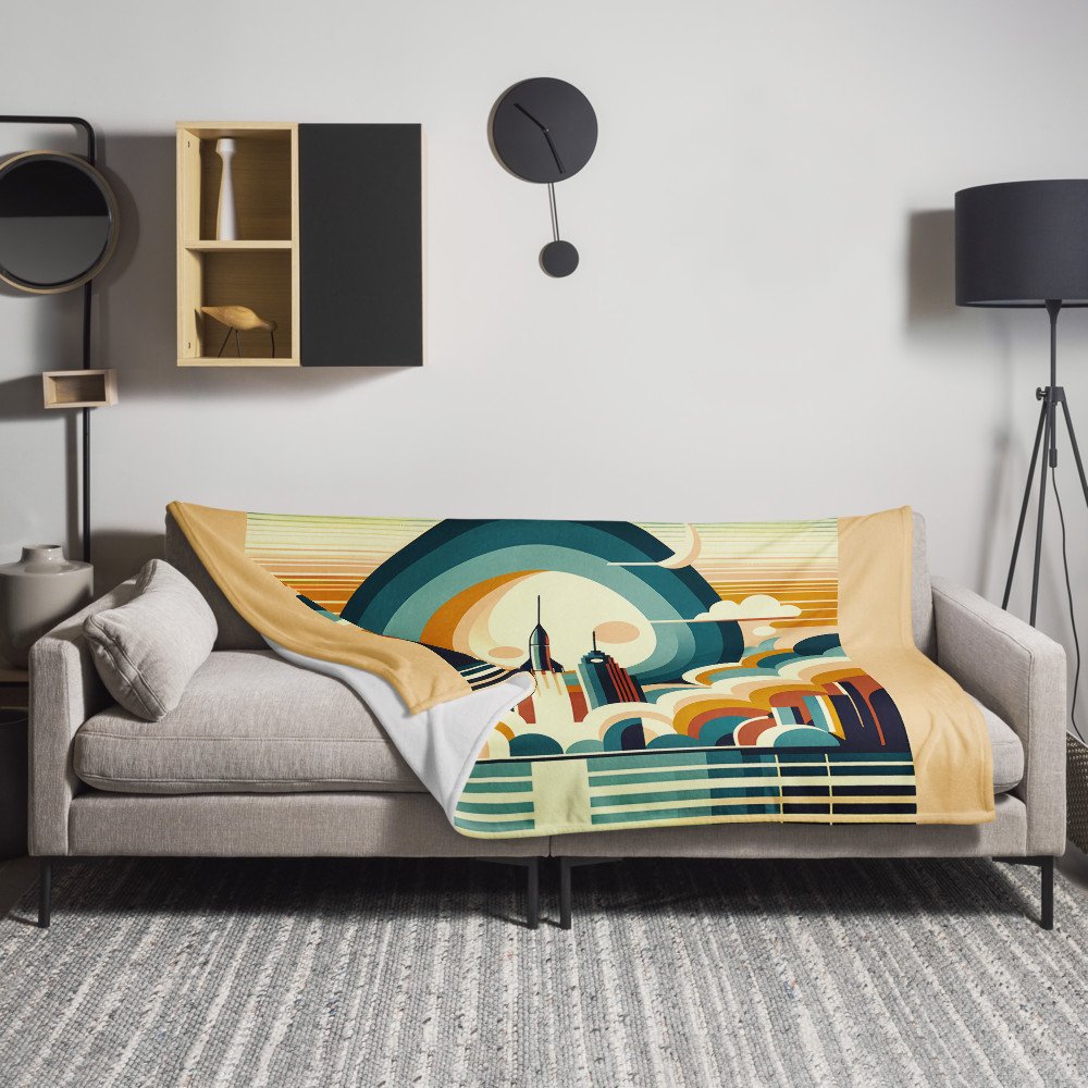 Retro Rocket Launch Over Geometric City