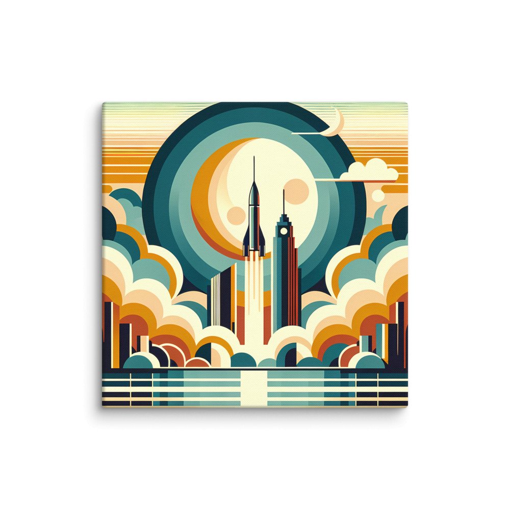 Retro Rocket Launch Over Geometric City