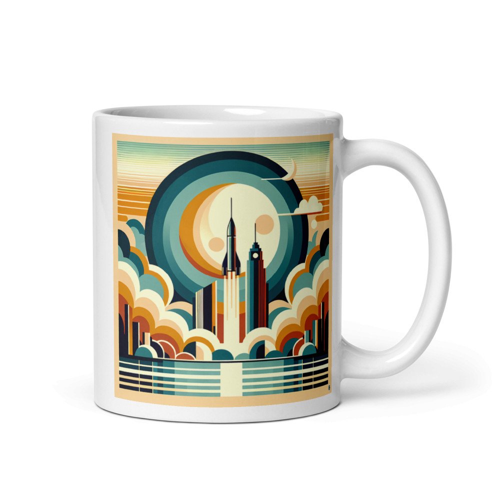 Retro Rocket Launch Over Geometric City