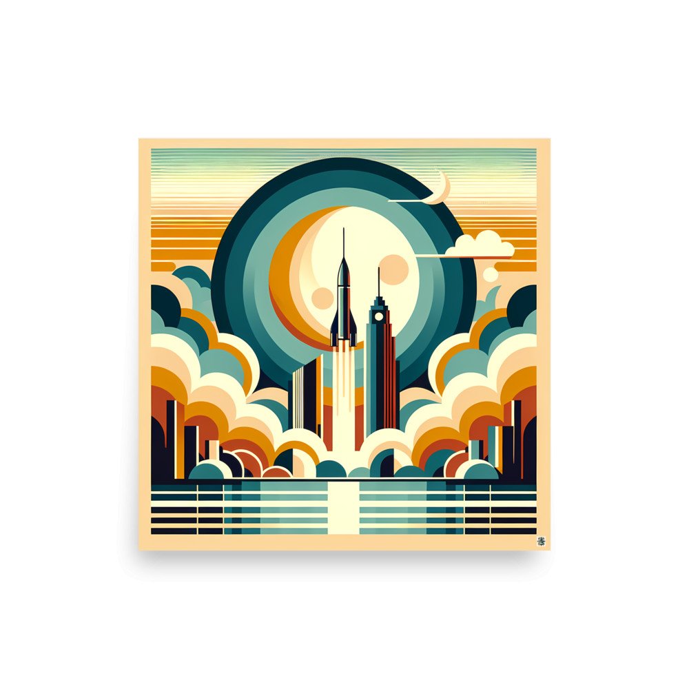Retro Rocket Launch Over Geometric City